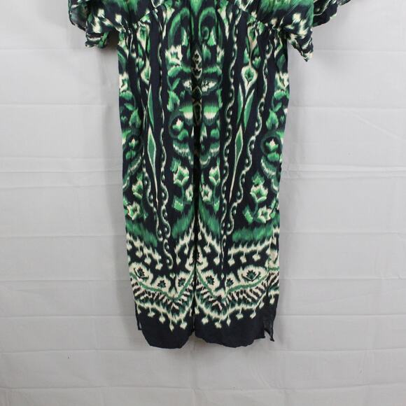 Farm Rio Dress Women Extra Large Kimono Maxi Ikat Green Black Boho Chic Tropical - Picture 3 of 10